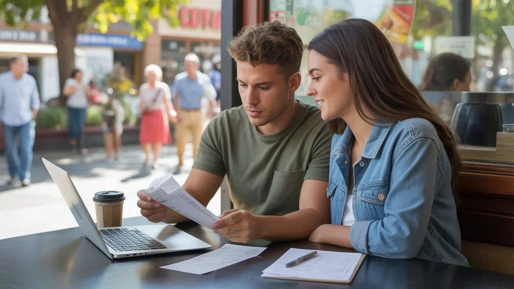 Couple reviewing monthly budget and expenses at coffee shop in Santa Ana