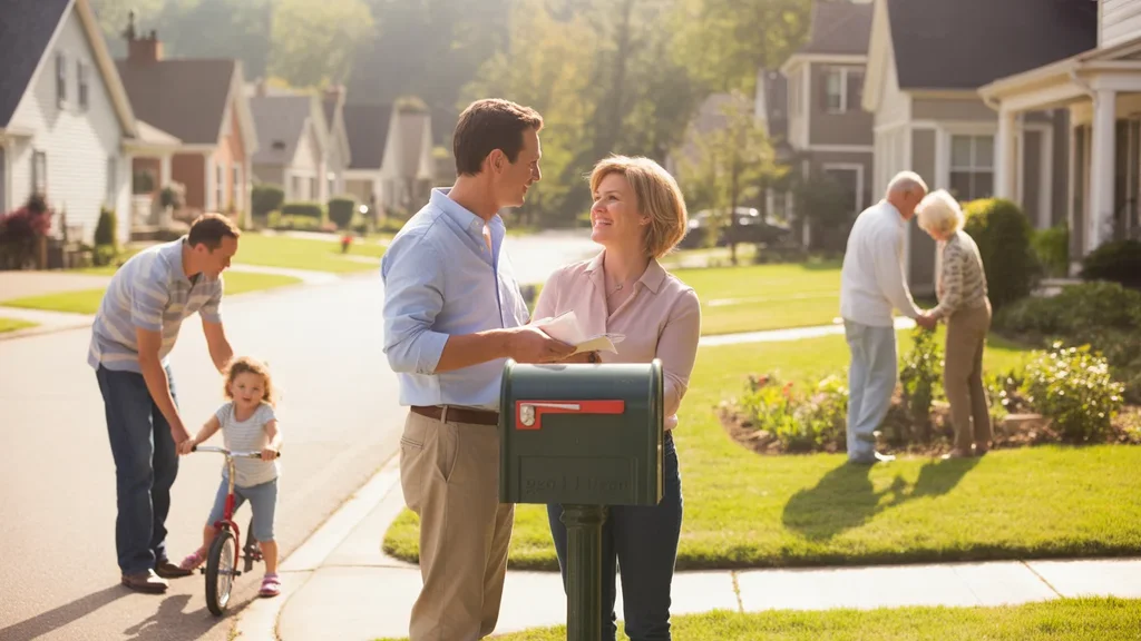 Neighbors chatting by mailbox in Georgetown, KY suburb on sunny morning