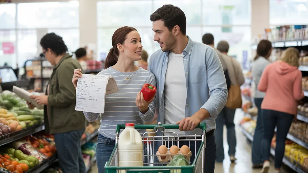 A couple grocery shopping together in Cary, NC