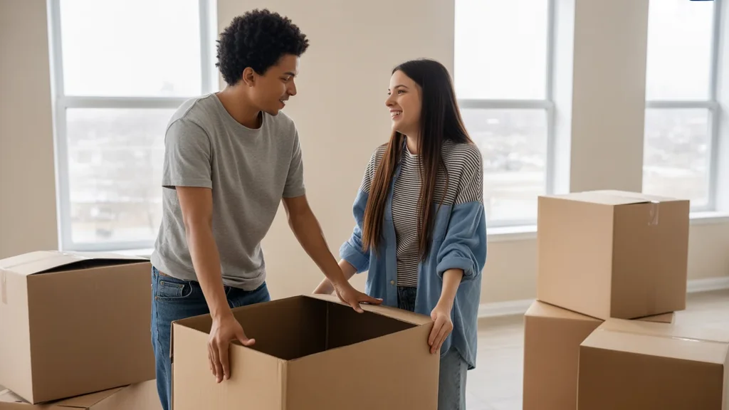 Couple unpacking in their new Oklahoma City apartment, looking hopeful