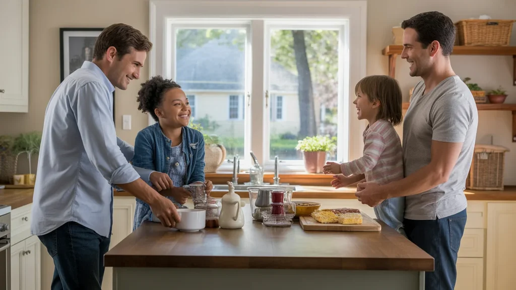 Family enjoying breakfast together in the kitchen of their Norman home