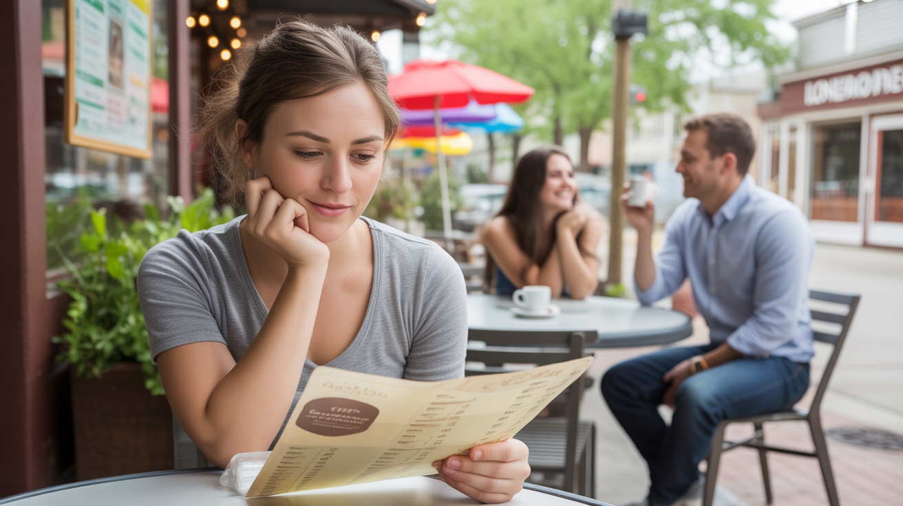 Young woman thoughtfully considers café menu prices while budgeting in her head
