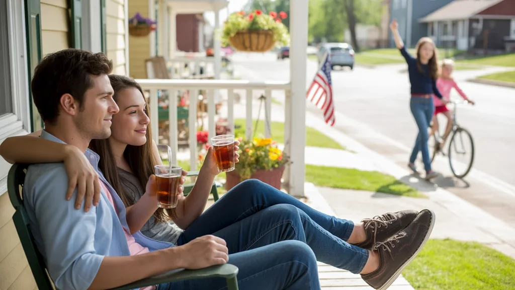 A couple relaxes on their porch swing in Westminster, Colorado, enjoying a peaceful suburban afternoon.