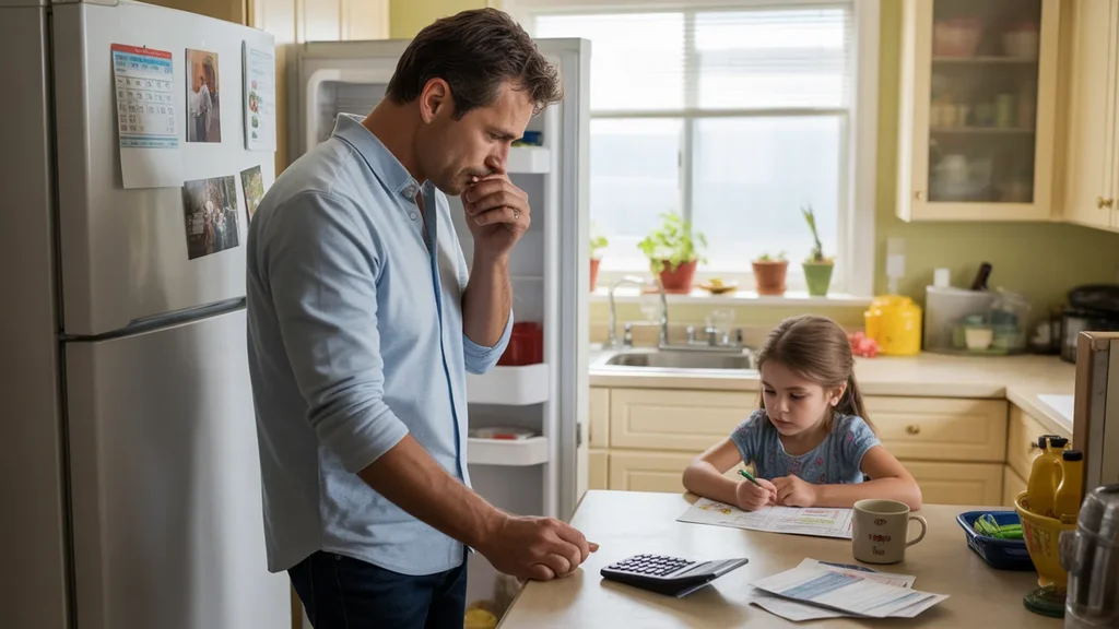 Father looking in refrigerator while daughter colors, unpaid bills on counter in Murrieta kitchen