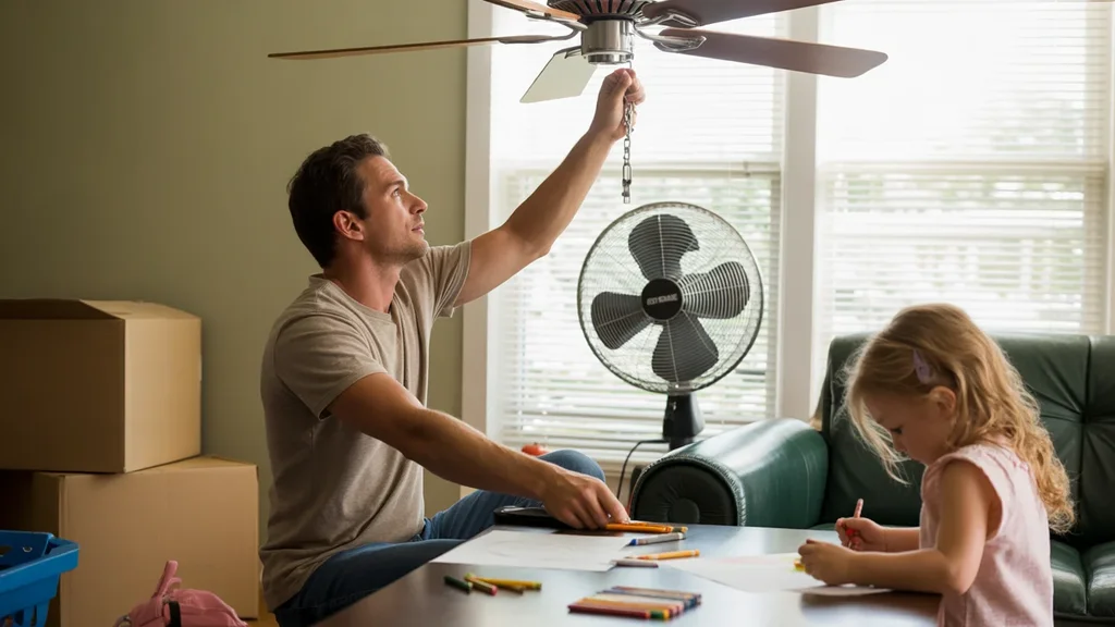 Dad adjusting ceiling fan in living room of Winchester KY home on hot day, daughter coloring nearby