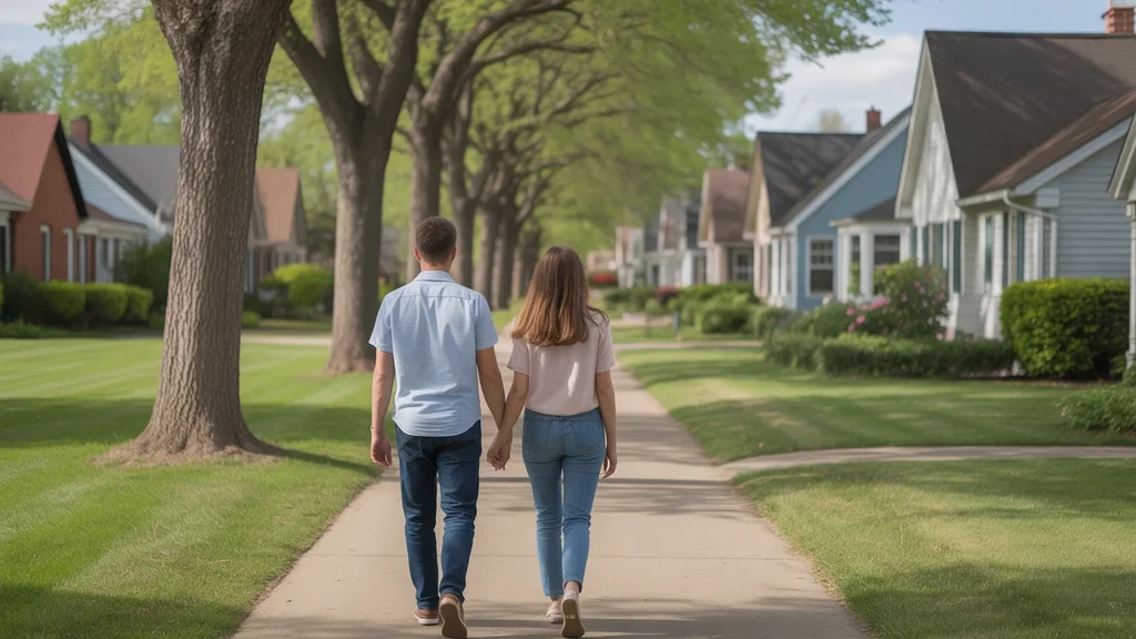 A couple walks through an affordable neighborhood in Versailles, KY