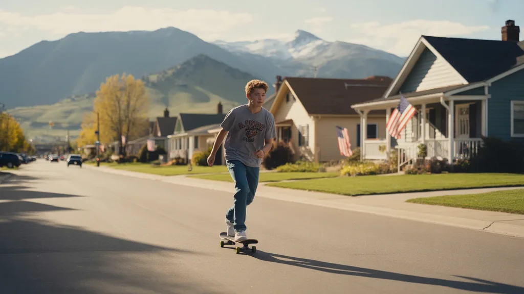 Teenager skateboarding down a suburban street in Lakewood, Colorado with mountains in the distance