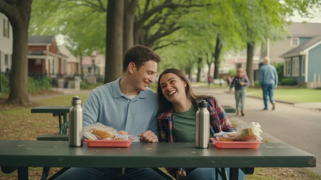 Couple enjoying packed lunch at picnic table in Winchester KY park