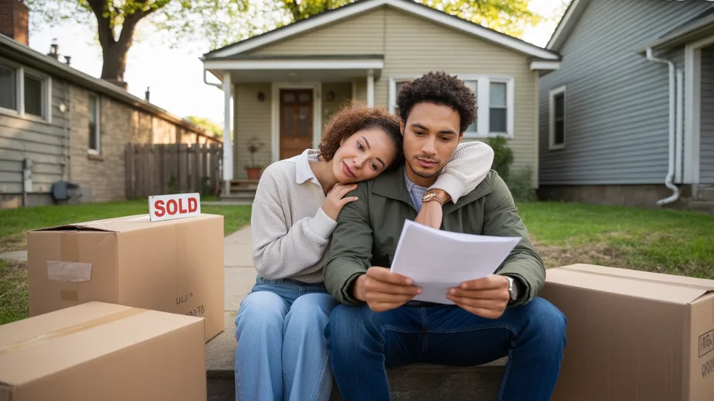 A couple reviews paperwork while sitting amid moving boxes on the steps of their new Evanston, IL home at sunset.