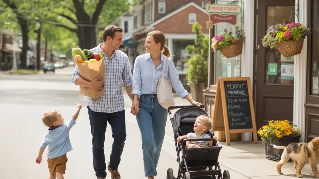 A couple with a toddler in a stroller leaving a local grocery store in Middletown, KY on a sunny day.