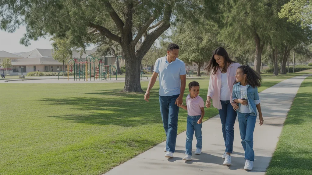 Happy family walking together through a large shady park in San Bernardino, California