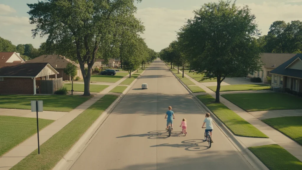 Aerial view of a peaceful suburban neighborhood street in Moore, Oklahoma