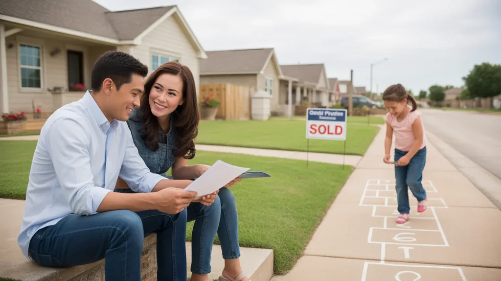 Couple sitting on front steps of new home in Grand Prairie, TX with daughter playing nearby