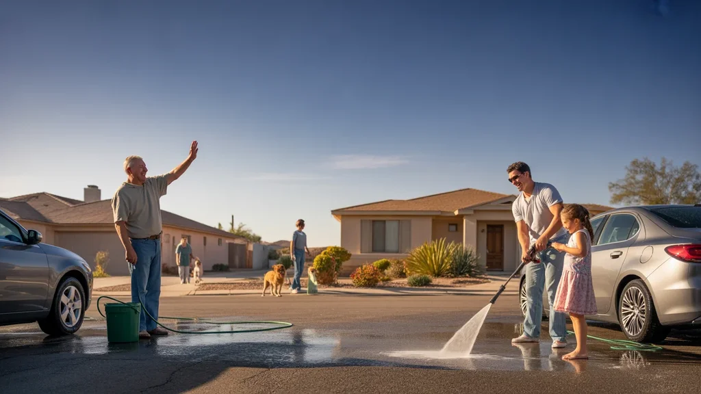 Neighbors in Sunrise Manor smile and wave while washing their cars on a sunny Saturday morning