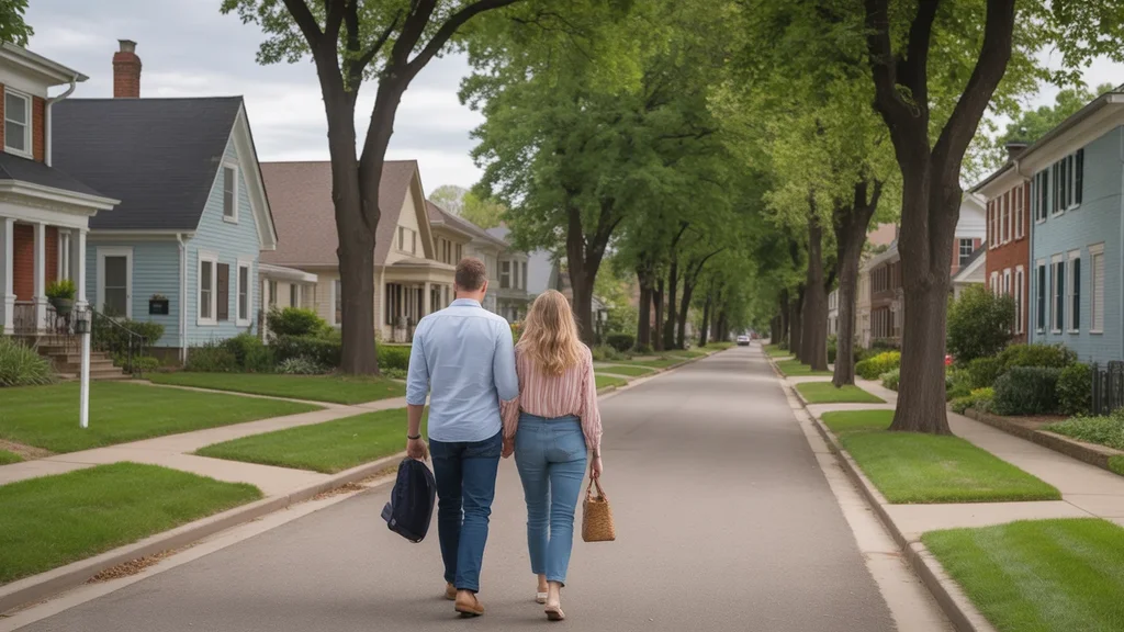 Couple strolling through a peaceful Richmond, KY neighborhood at sunset