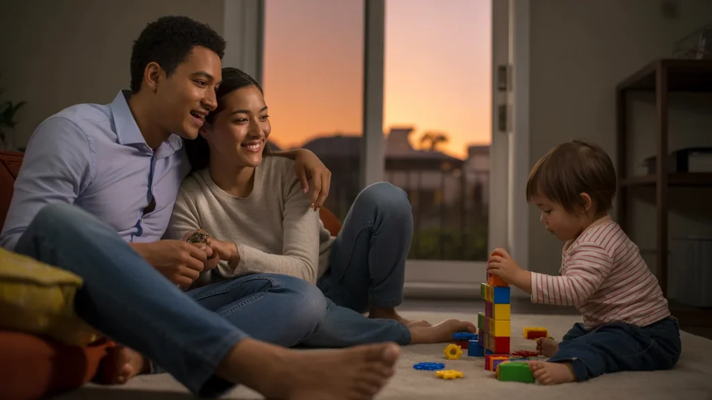 Couple watching TV together on couch as their child plays nearby in Irvine apartment at sunset