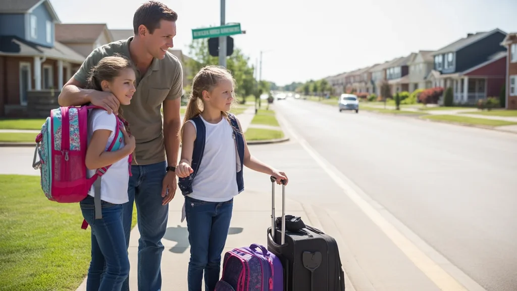 A father and his two daughters waiting with luggage at a bus stop in a suburban Moore neighborhood