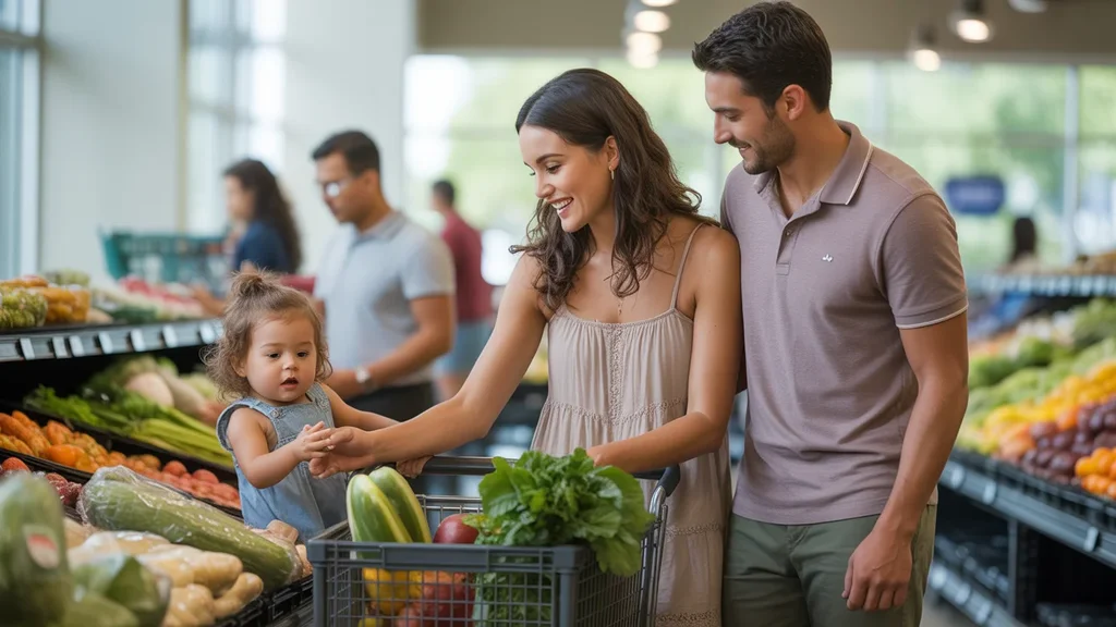 A couple with their toddler daughter shopping for produce at a grocery store in Mckinney, Texas