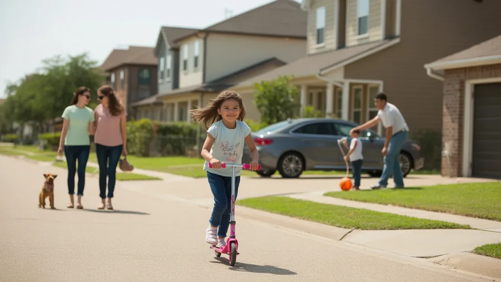 Girl riding scooter on sidewalk in suburban Sugar Land neighborhood with mixed housing types