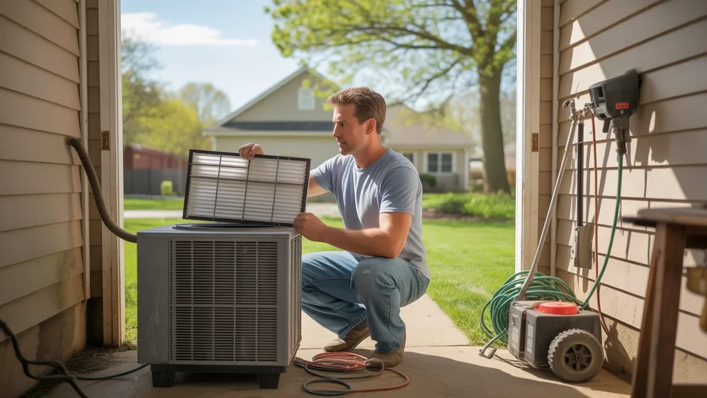 Man changing HVAC air filter in garage of Middletown, KY home on sunny spring day