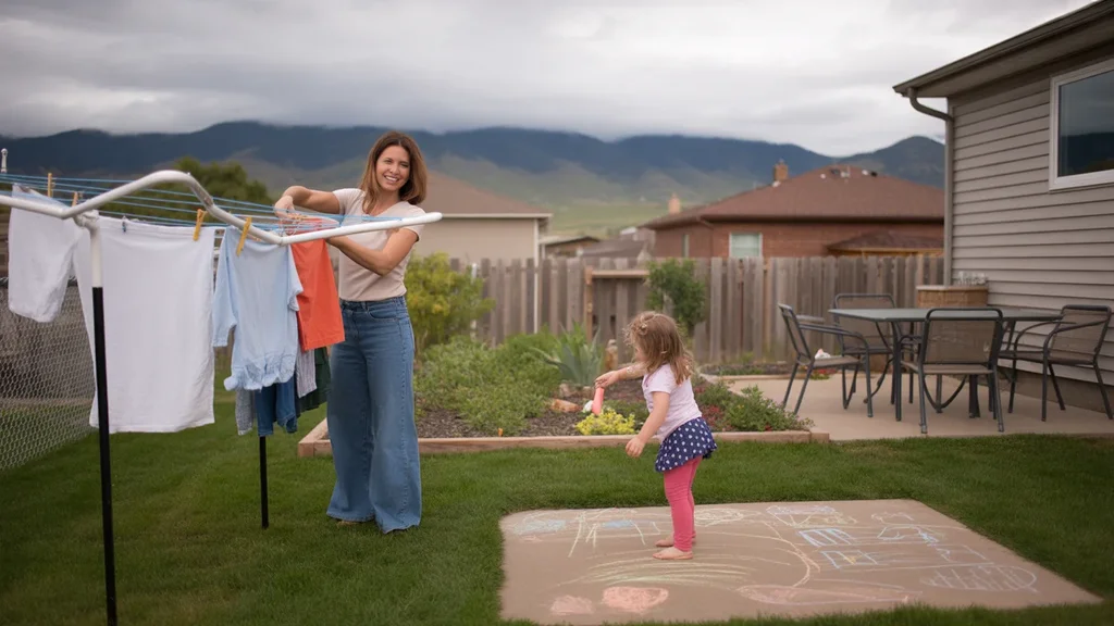 A woman brings in laundry from a clothesline in her backyard in Broomfield, Colorado while her daughter plays nearby.