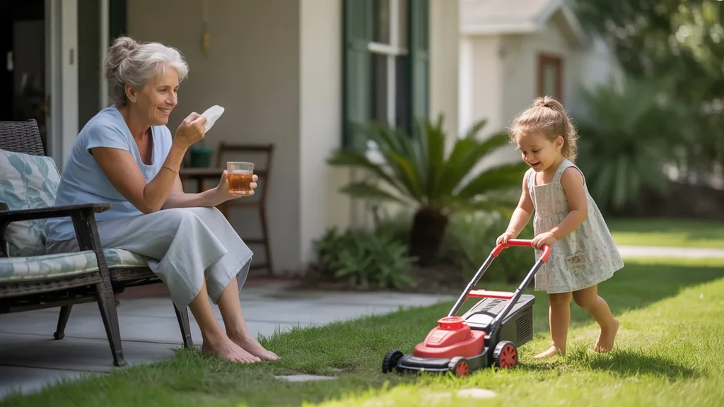 Grandmother fanning herself on shaded porch while granddaughter plays in yard on hot summer day in Orlando