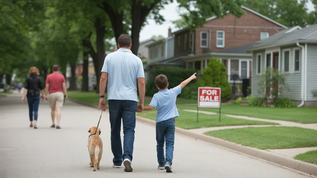 Father and son walk their dog past a home for sale in a modest Joliet IL neighborhood