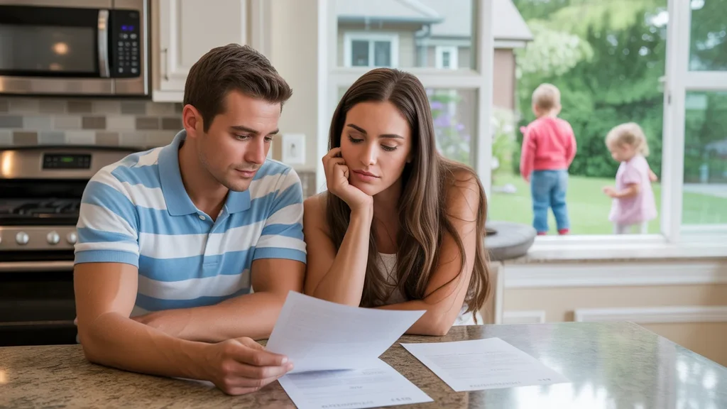 Couple reviews mortgage papers in the kitchen of their new upscale Naperville home