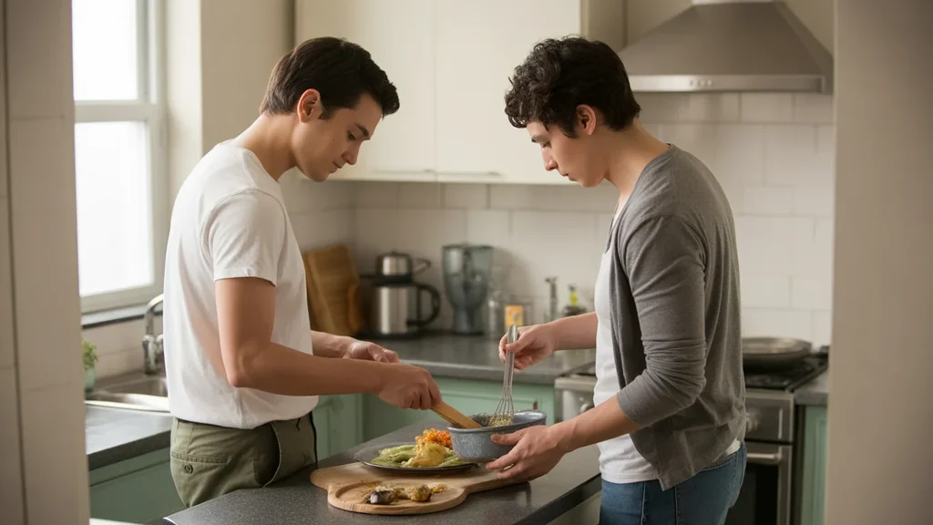 Couple cooking together in a minimalist Pasadena apartment kitchen