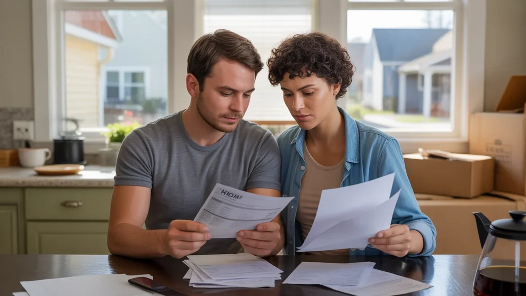 Young couple reviewing bills and budgeting for hidden fees in their Madison, TN home