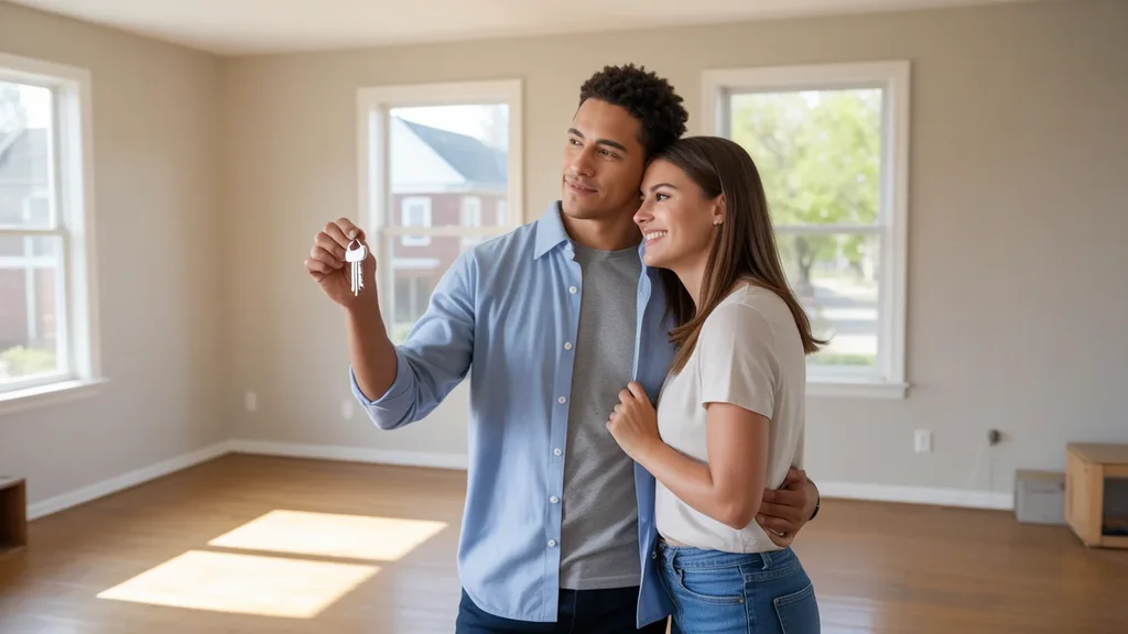 A couple stands in their new empty house in Shively, KY, holding keys and smiling.
