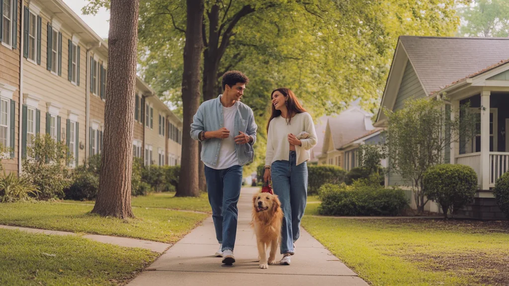 Couple walking dog past townhouses and house in Hermitage, TN