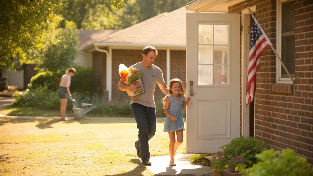 Father and daughter arriving home with groceries on a hot day in Hermitage, TN
