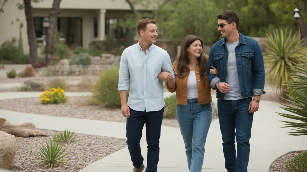 Friends walking and talking in an Ontario, CA park with desert landscaping