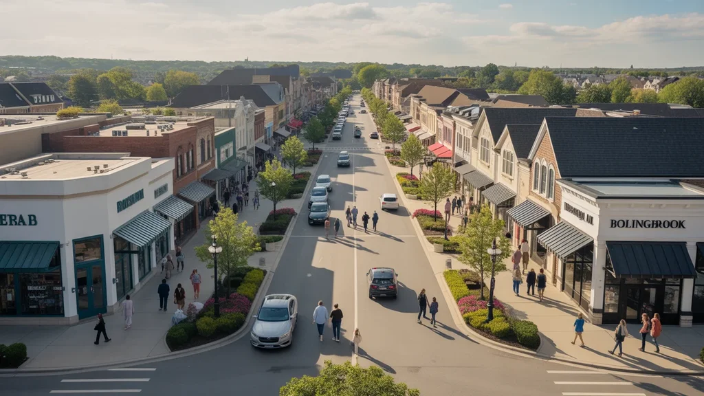 Aerial view of shoppers at busy upscale commercial center in Bolingbrook