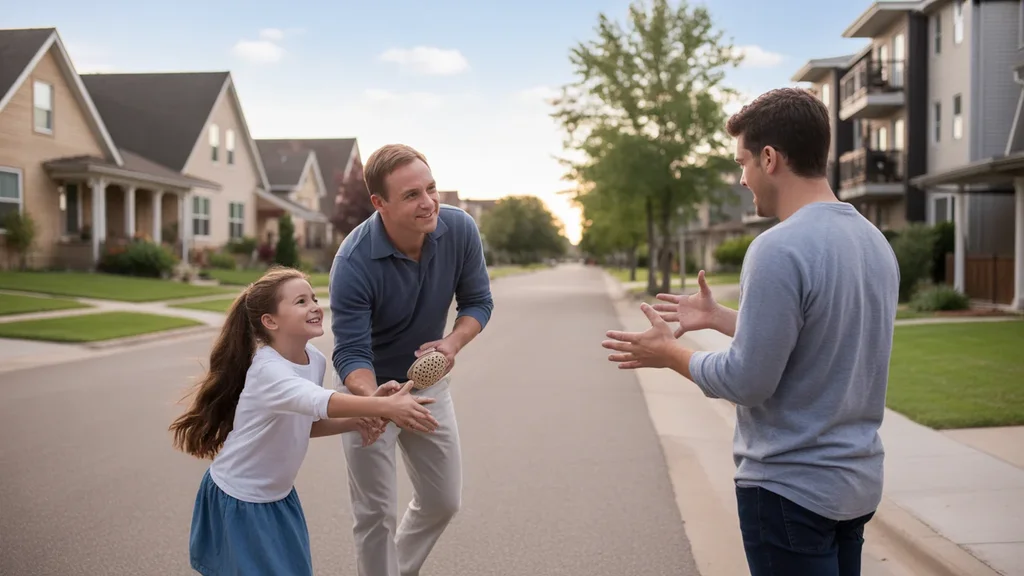 Father and daughter playing catch in yard across street from condo in Norman, OK at sunset