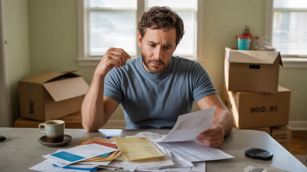 Man reviewing utility bills and fees at kitchen table in Antioch home
