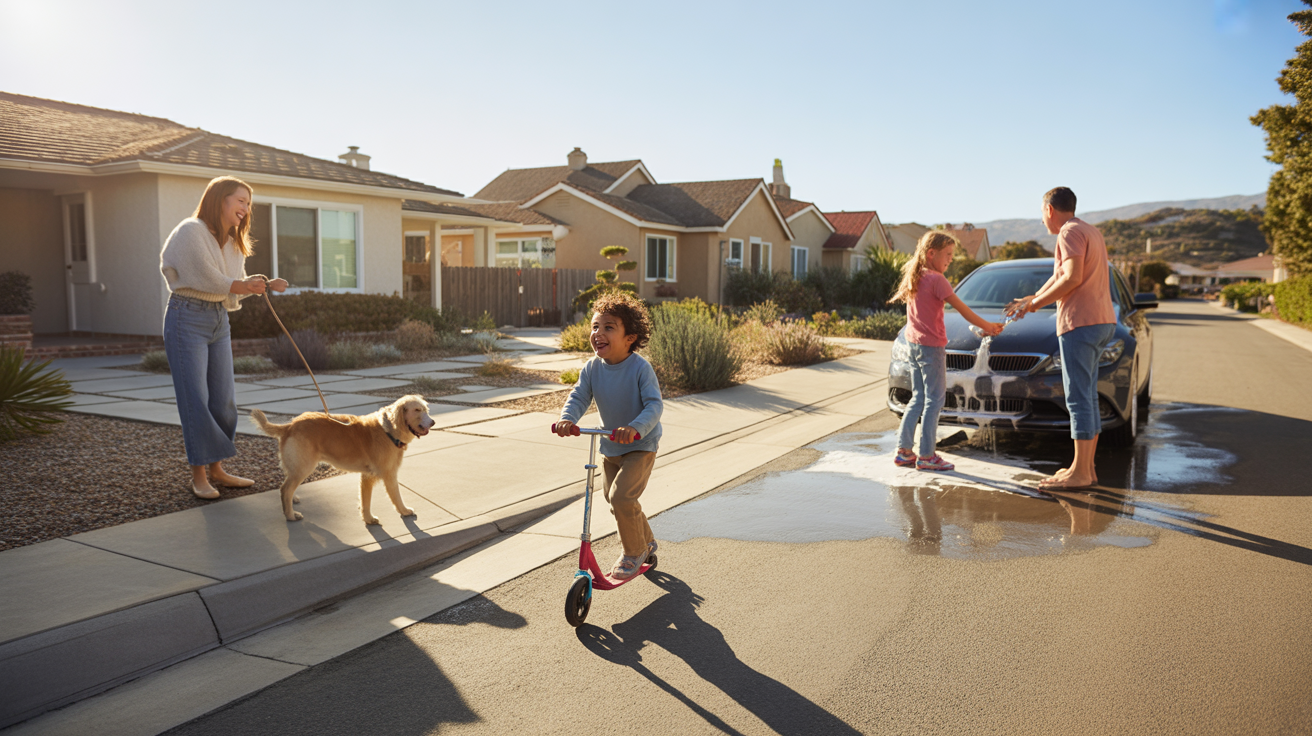 Aerial view of a Costa Mesa cul-de-sac at sunset, with a boy riding a scooter and neighbors chatting