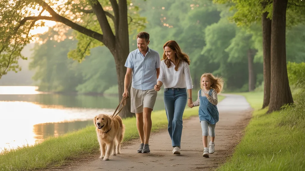 Family walking dog on lakeside trail in Hendersonville, TN