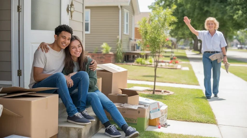 Couple sitting on front steps of new home in Moore, Oklahoma after moving in