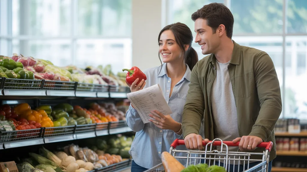 Couple shopping for produce in Bolingbrook, IL grocery store