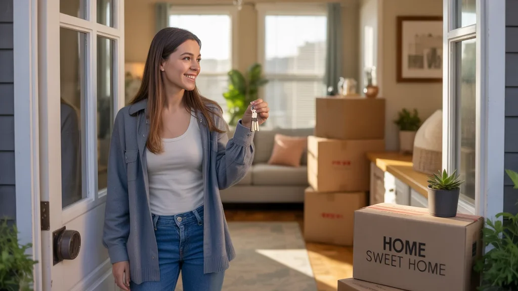 Woman holding keys and smiling in doorway of new apartment in Oklahoma City