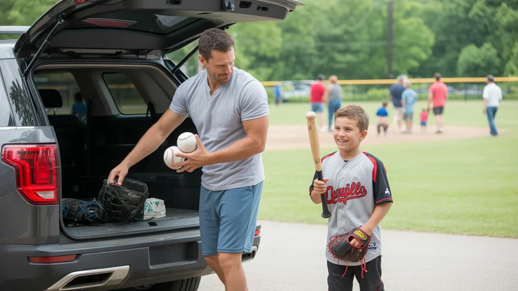Father and son preparing for little league baseball game at Louisville park