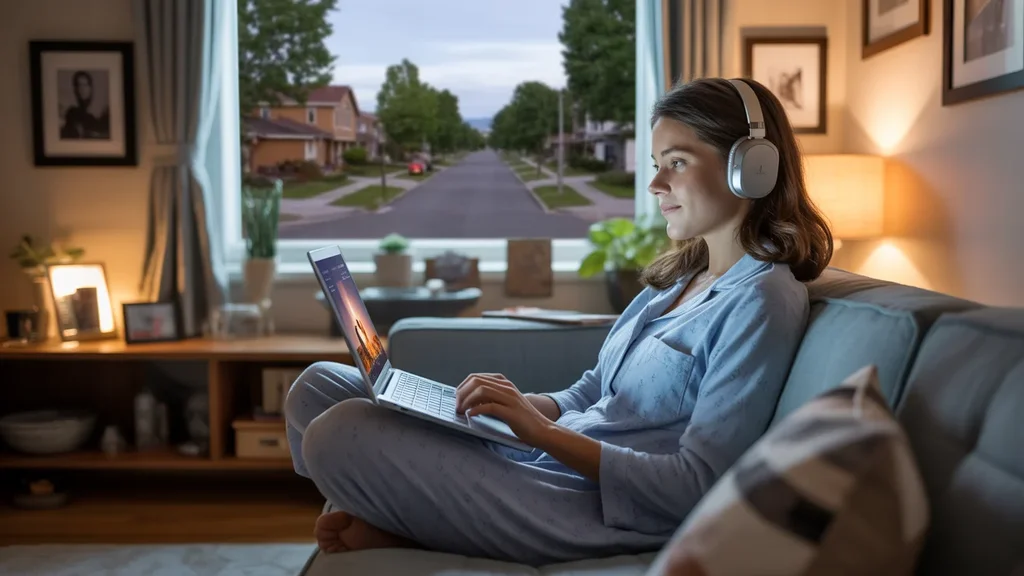 Woman relaxes on couch watching movie on laptop with headphones in Arvada living room at night