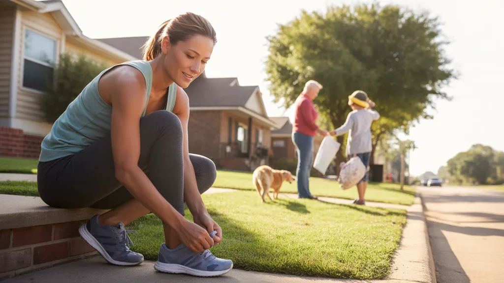 Woman tying running shoes on front steps of suburban home in Moore, Oklahoma