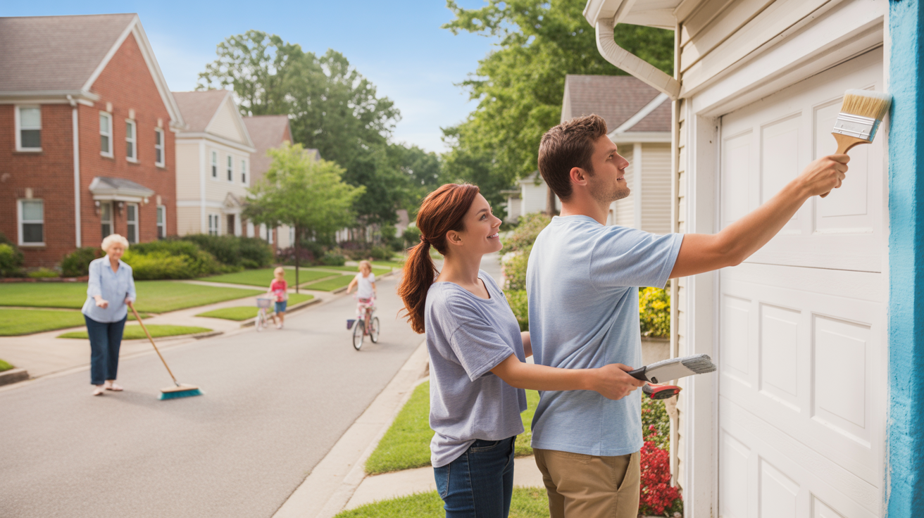 A couple paints their home's trim while a neighbor tidies her condo in Murfreesboro, TN
