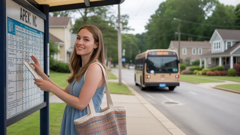 Young woman checking bus schedule at neighborhood shelter in Apex, NC