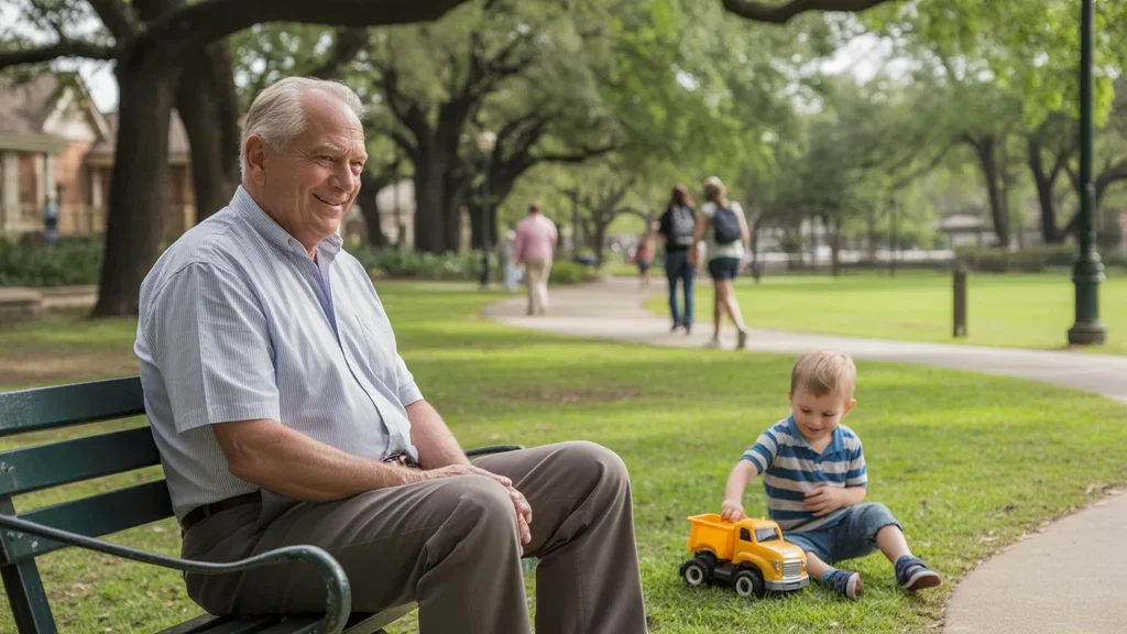 Elderly man sitting on park bench watching grandson play in Sugar Land, TX
