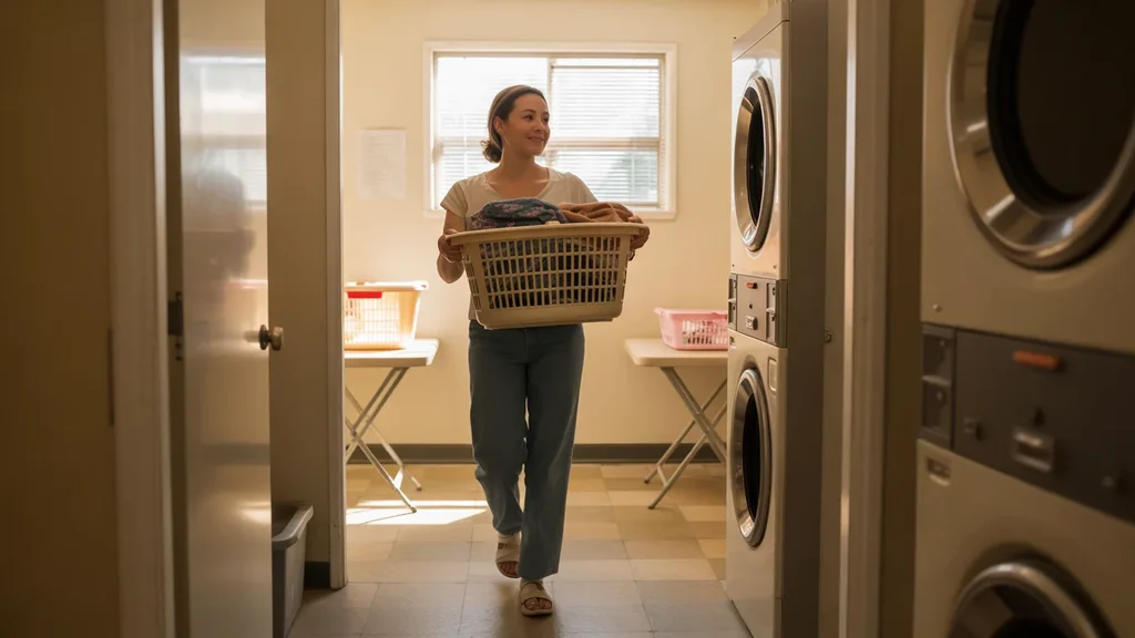 Woman carrying laundry basket in shared laundry room of Gresham apartment building