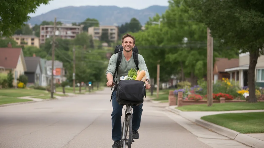 Man riding bicycle with backpack full of groceries on suburban street in Westminster, Colorado